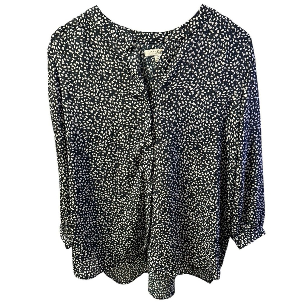 Jachs Girlfriend M Black White Abstract Dot Blouse Top Long Sleeve EUC